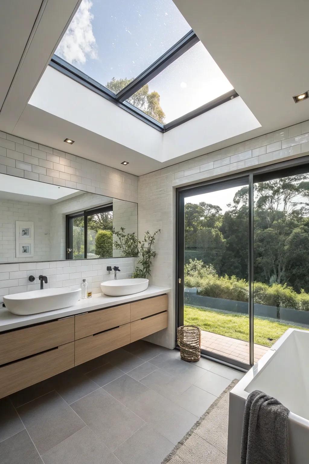 A modern bathroom featuring a skylight with trim that blends into the ceiling.