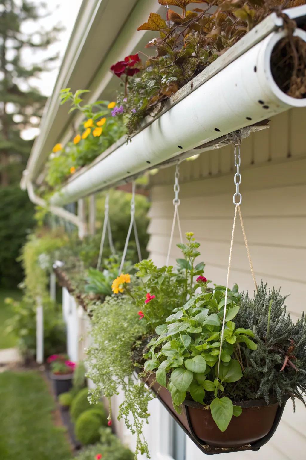 Creative utilization of rain gutters transforms a wall into an eye-catching green display.