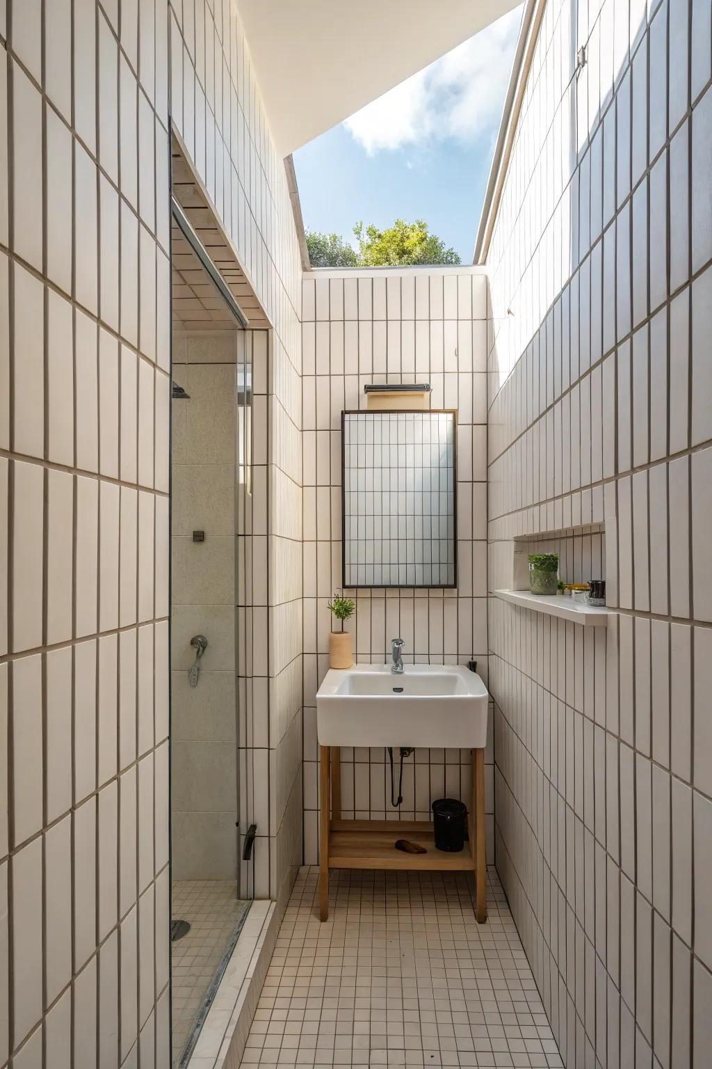 Vertical tiles can create the illusion of higher ceilings in a small bathroom.