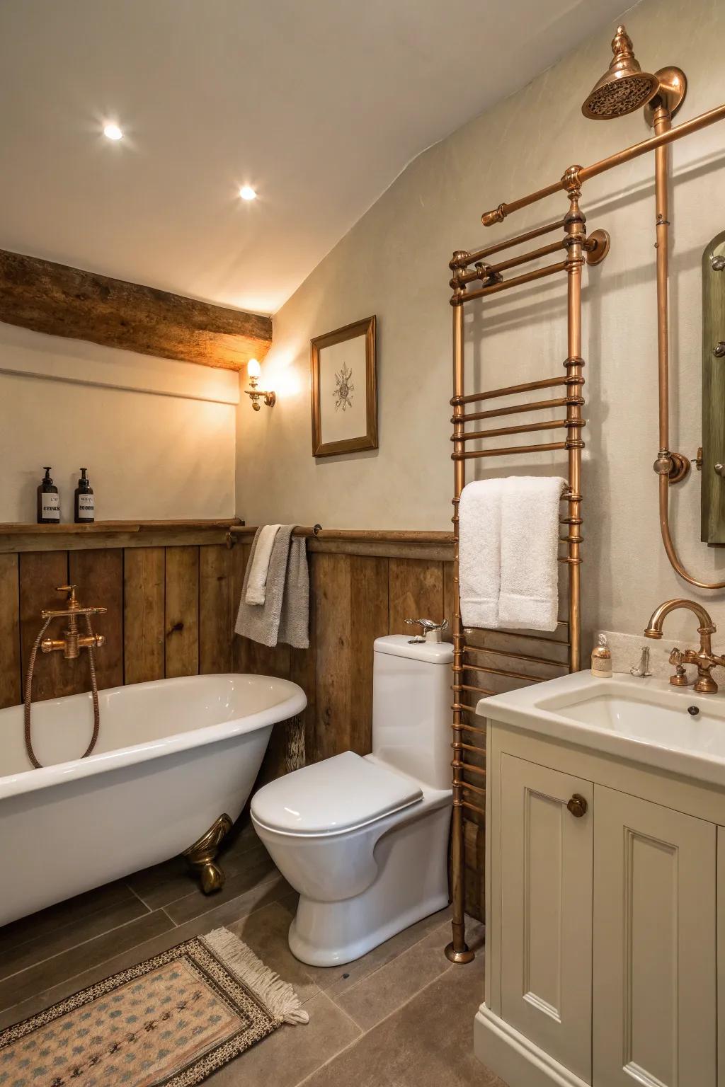 Copper fixtures add vintage allure and warmth.