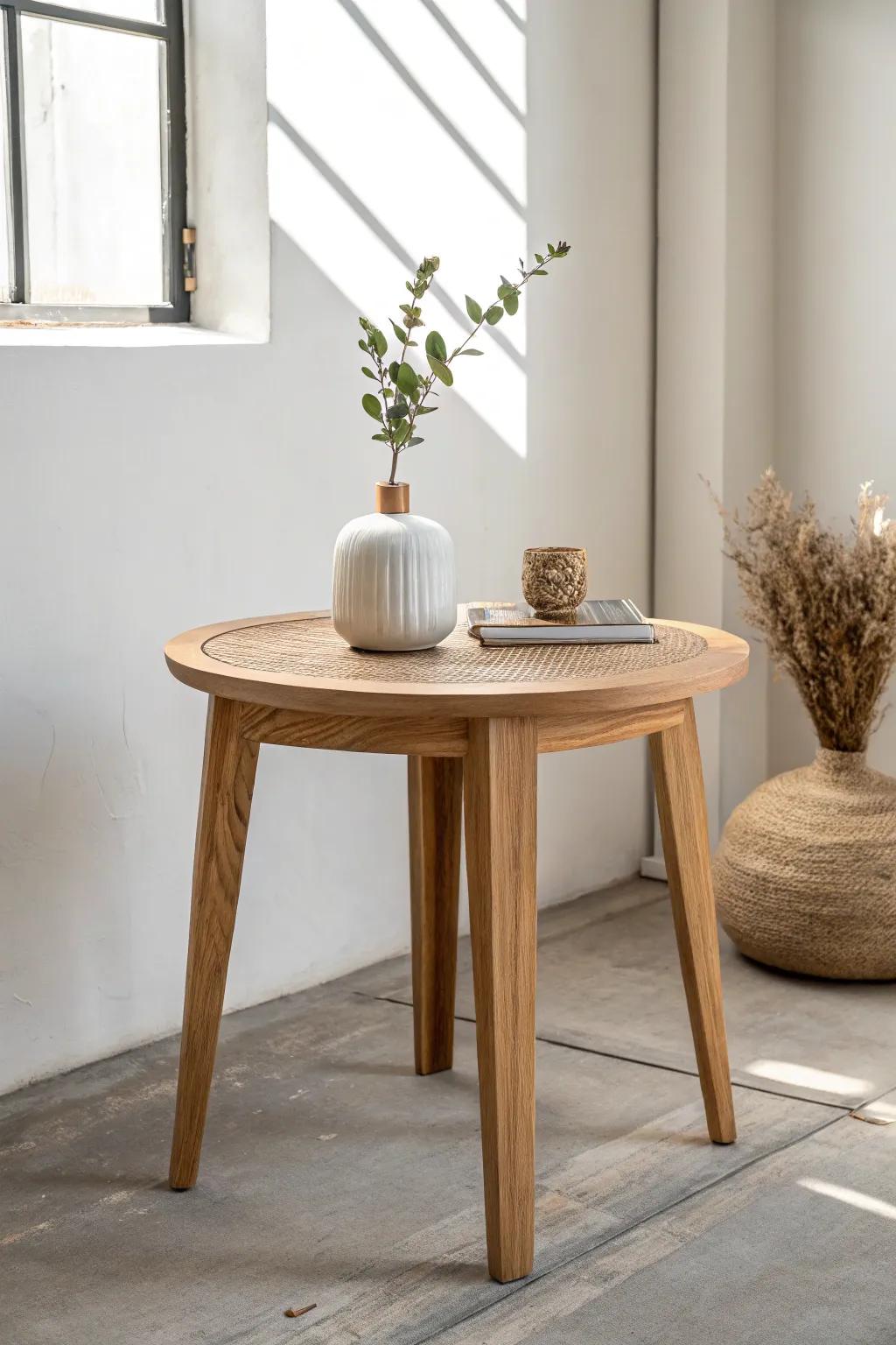 Eco-friendly end table complements a minimalist setting.