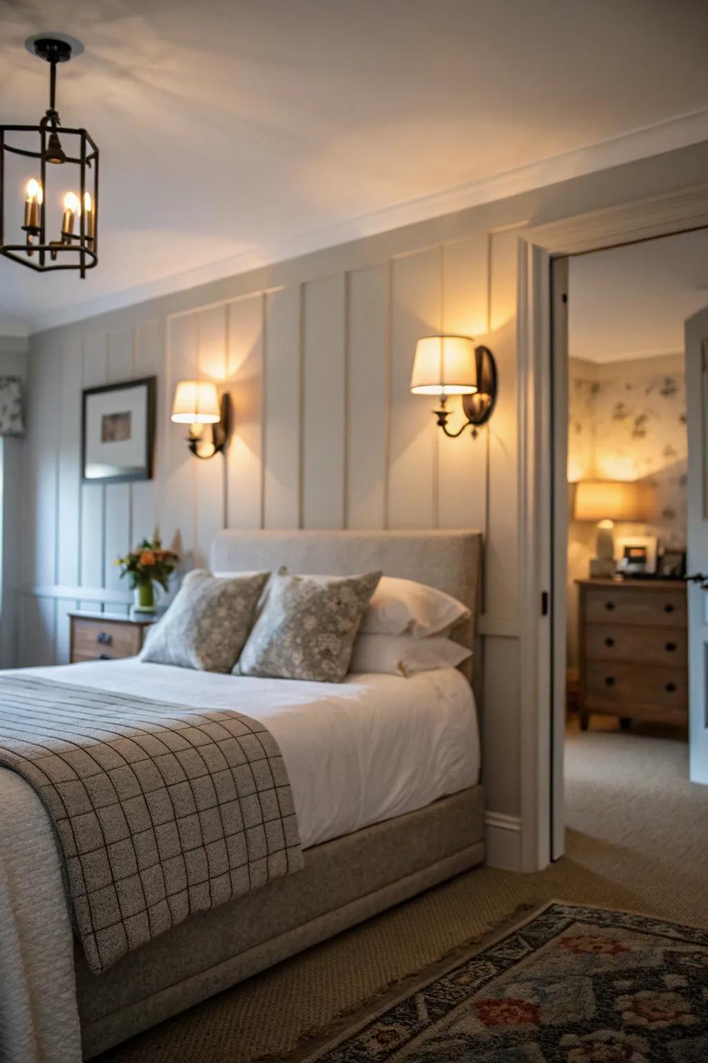 Wall-mounted sconces deliver ambient illumination in a small master bedroom.