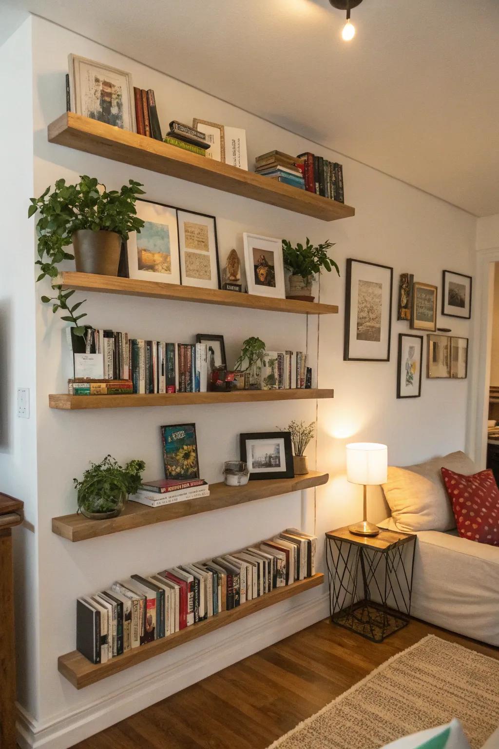Floating shelves keep the floor clear while providing storage.