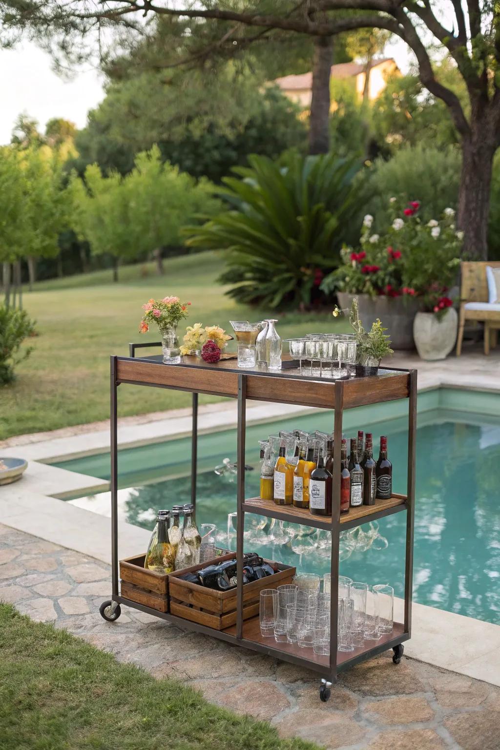 A portable bar cart offers versatility and convenience for poolside entertaining.