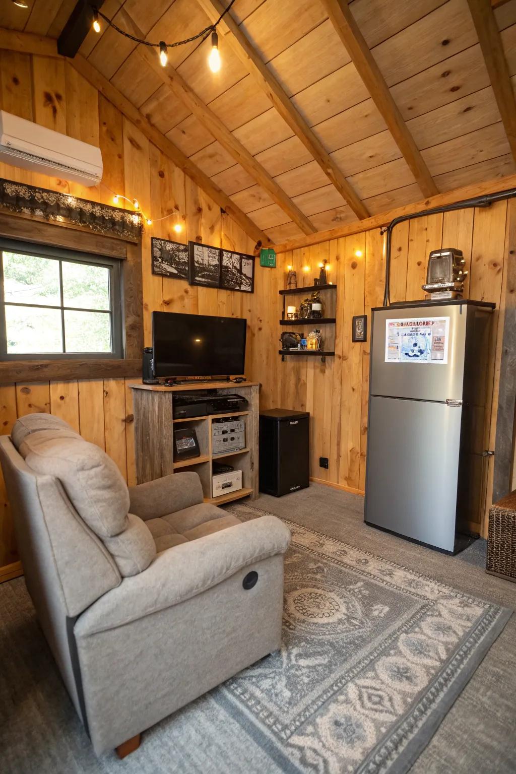 A cozy man cave retreat within a small shed.