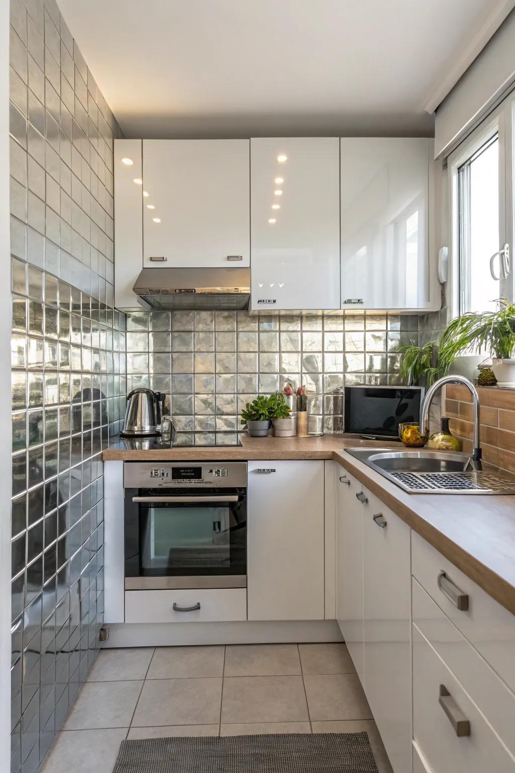 Reflective tiles make a small kitchen feel more spacious.