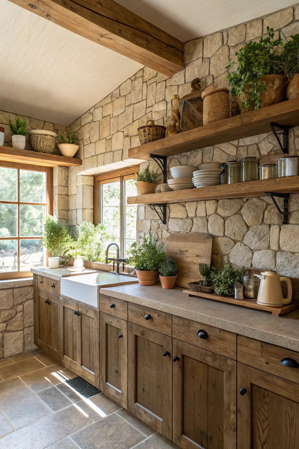 Stone and wood elements create a natural and earthy kitchen vibe.