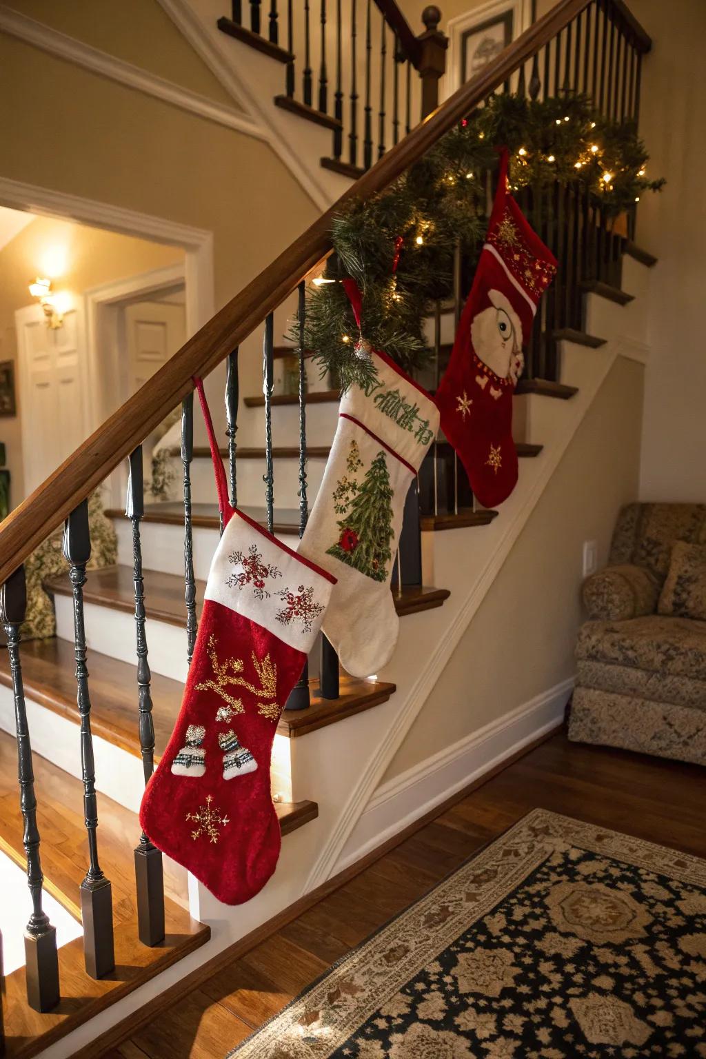 Cozy Christmas stockings add warmth to the staircase decor.