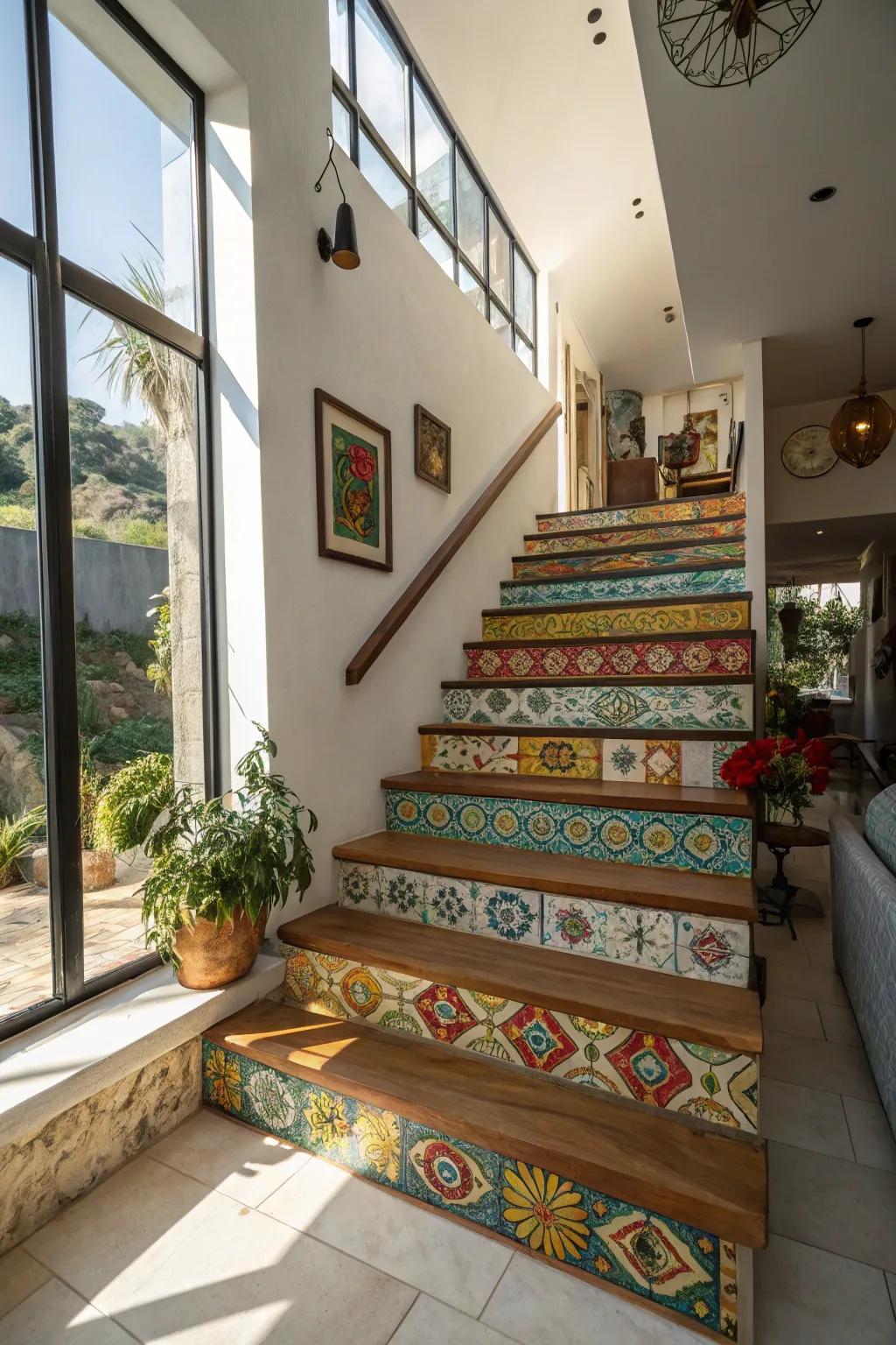 Tiled risers add artful color and pattern to this staircase.