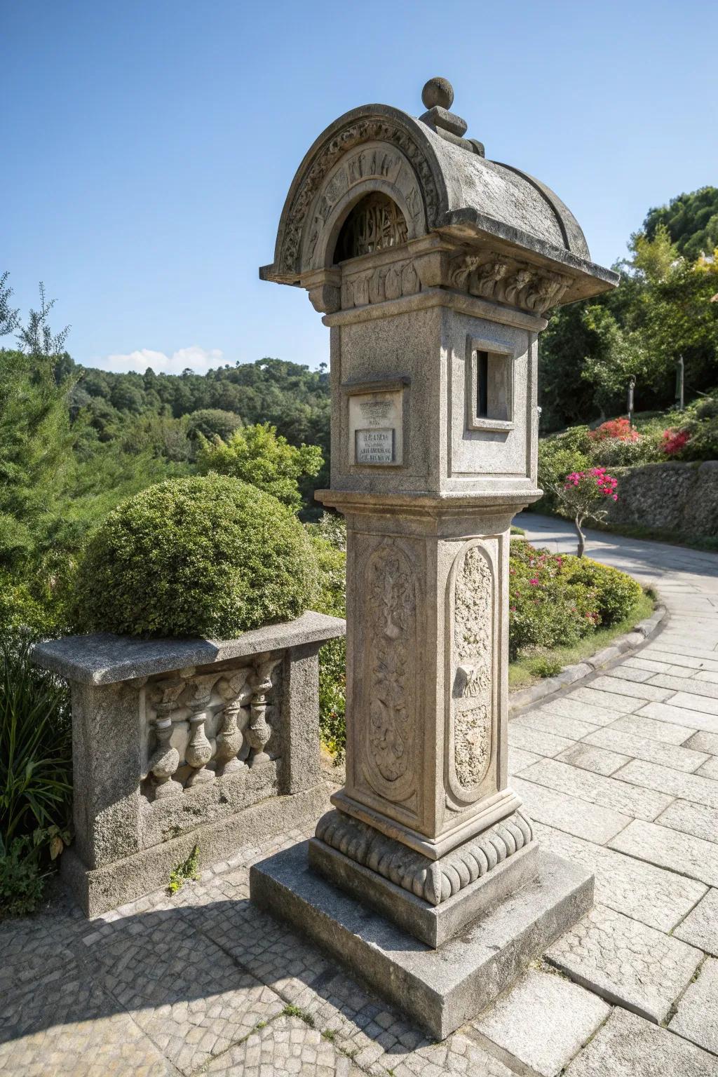 A classic stone mailbox pillar featuring a graceful archway.