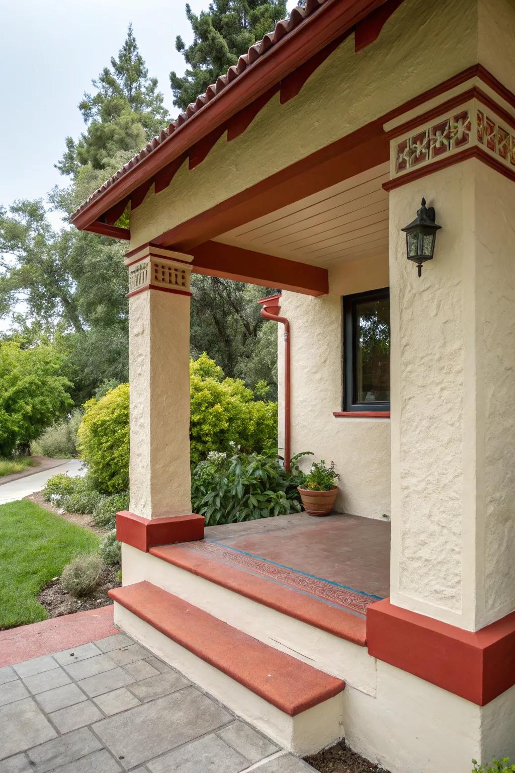 Color contrasts create a striking look on this stucco porch.