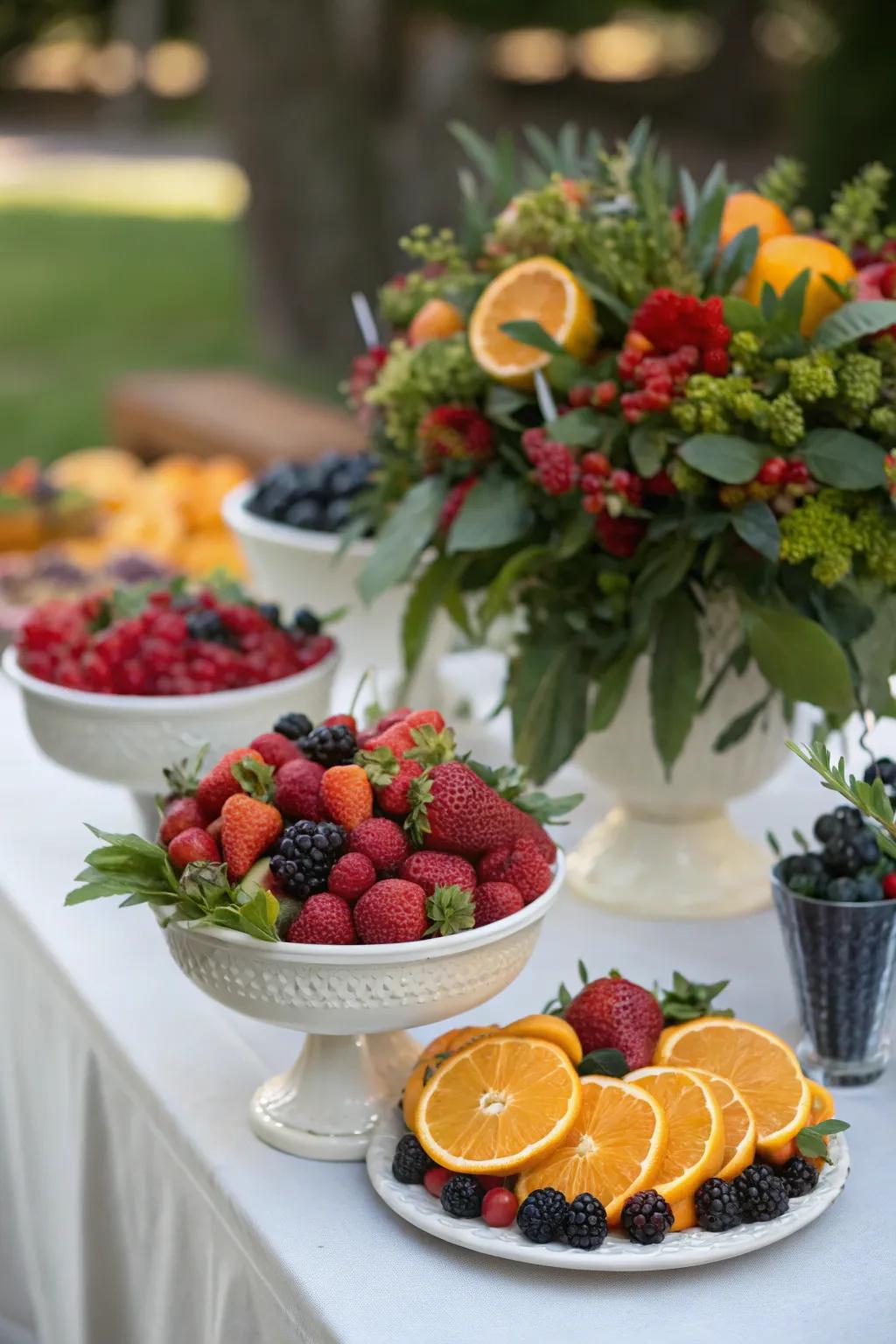 A table featuring centerpieces made of seasonal fruits.