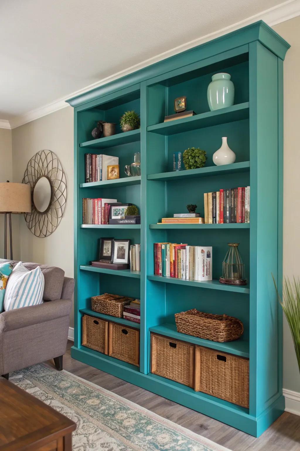 Teal shelves provide both practicality and a chic splash of color.