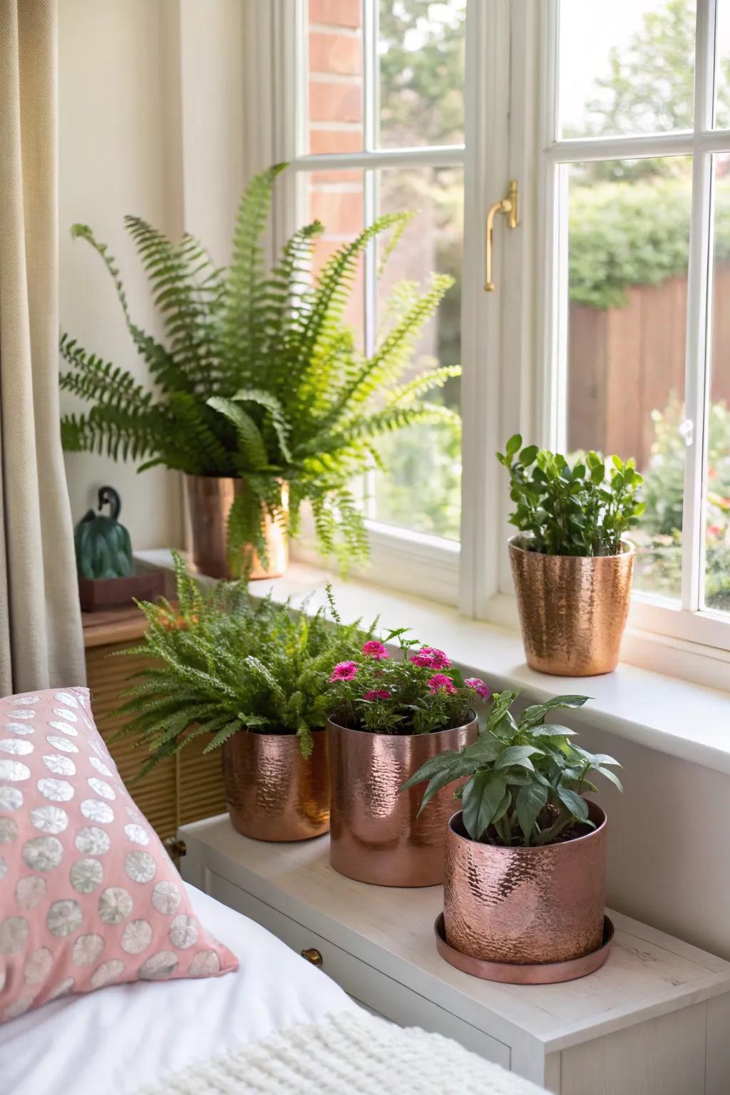 Plants in rose gold pots offer a refreshing and stylish accent.