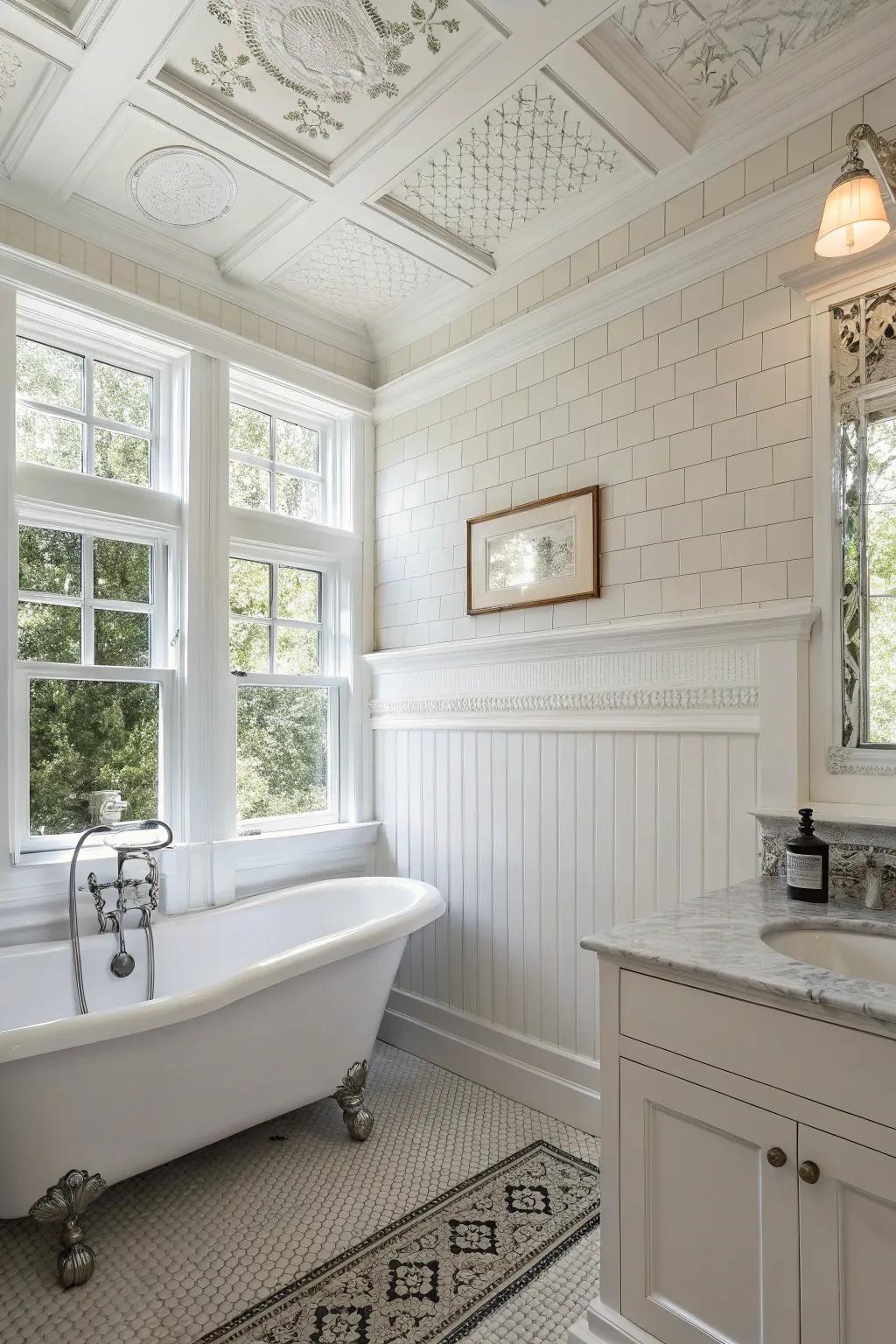 A white bathroom featuring elegant wainscoting that adds texture and architectural interest.