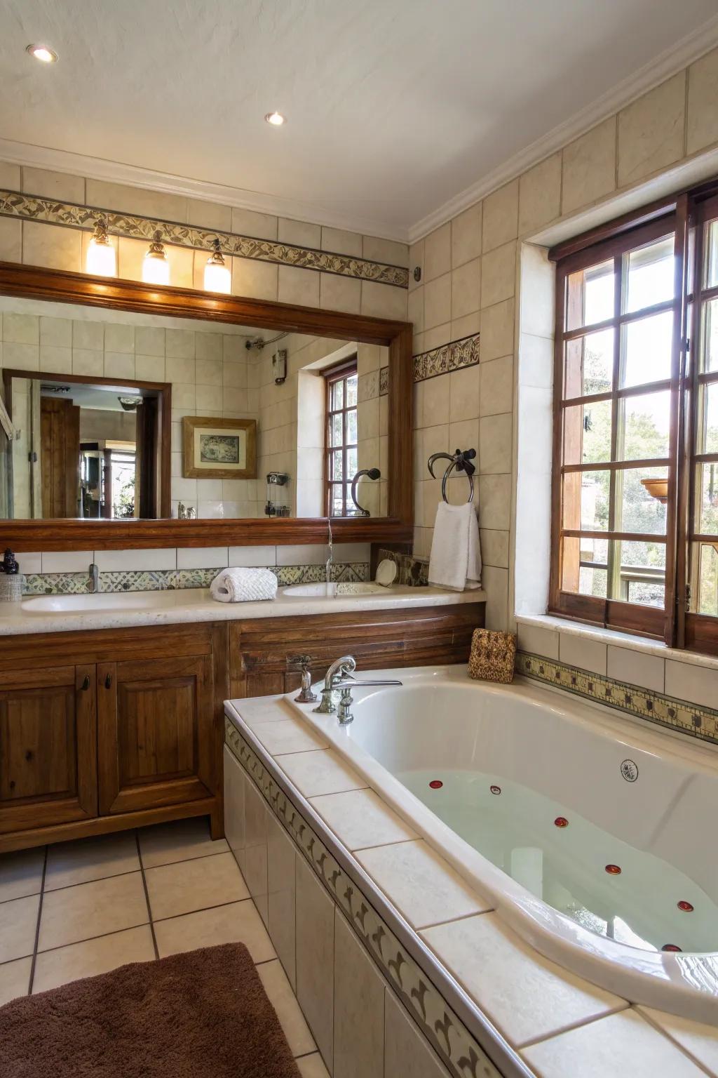 Mirrors create an illusion of space and openness around the tub.