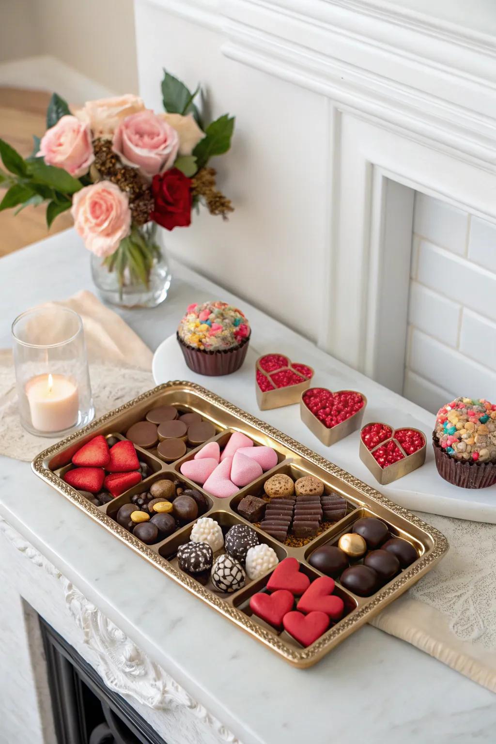 A tempting display of Valentine's treats on the mantel.