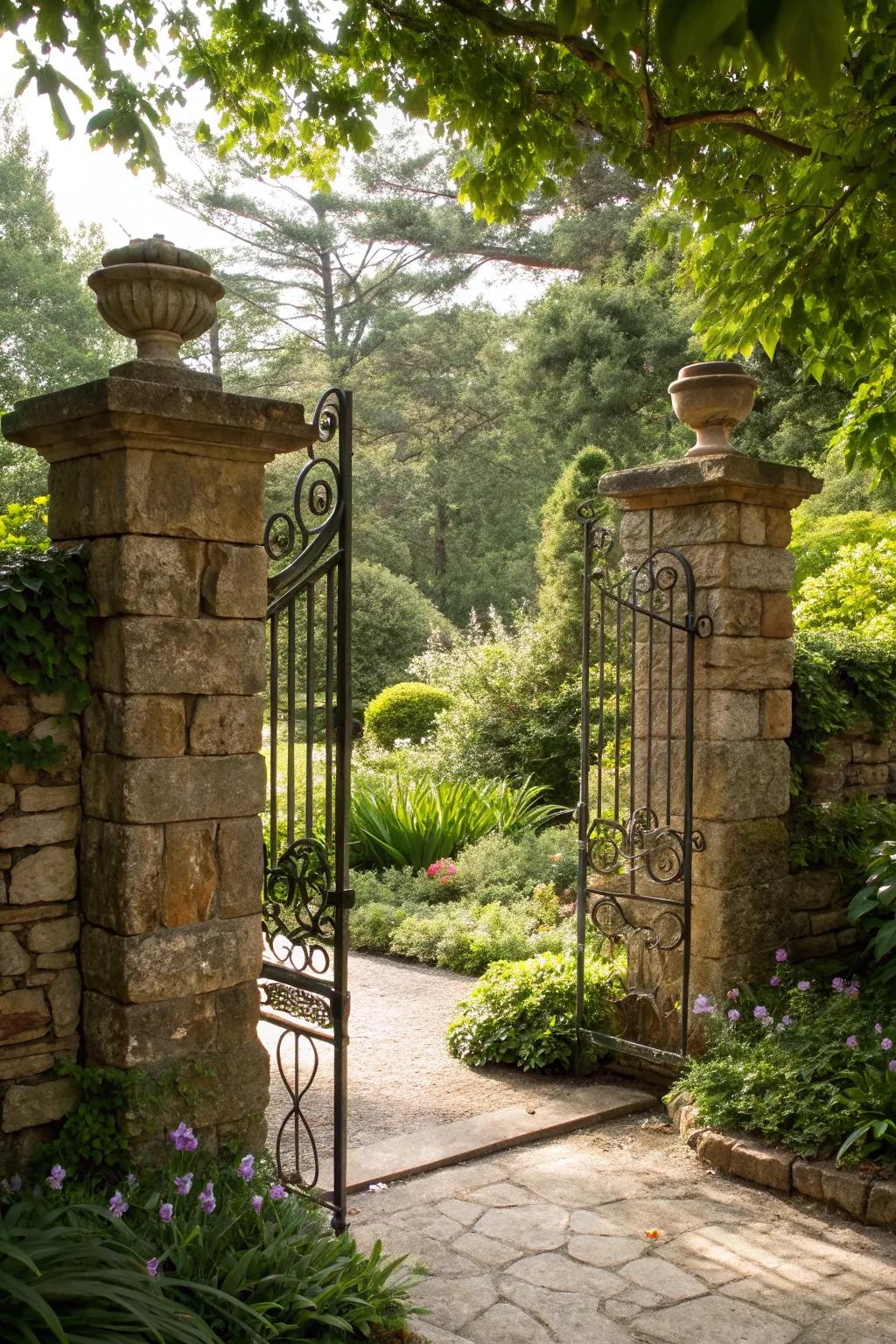 Stone pillars adding grandeur to the garden entrance.