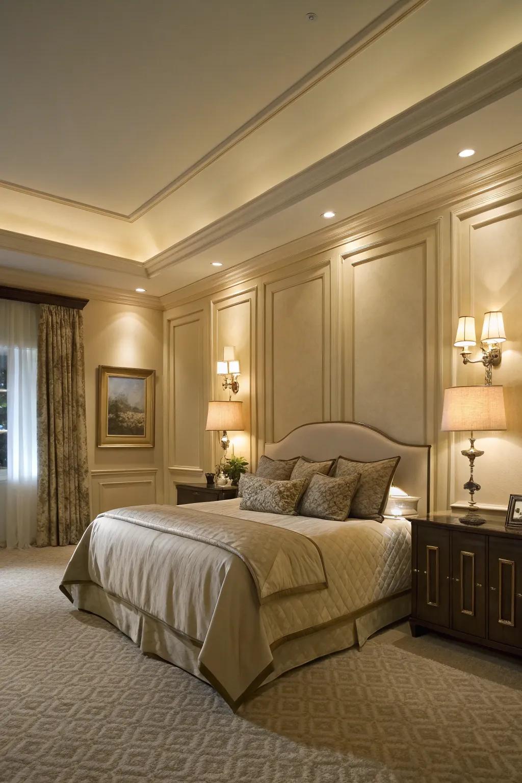 Integrated lighting in wainscoting adds warmth and sophistication.