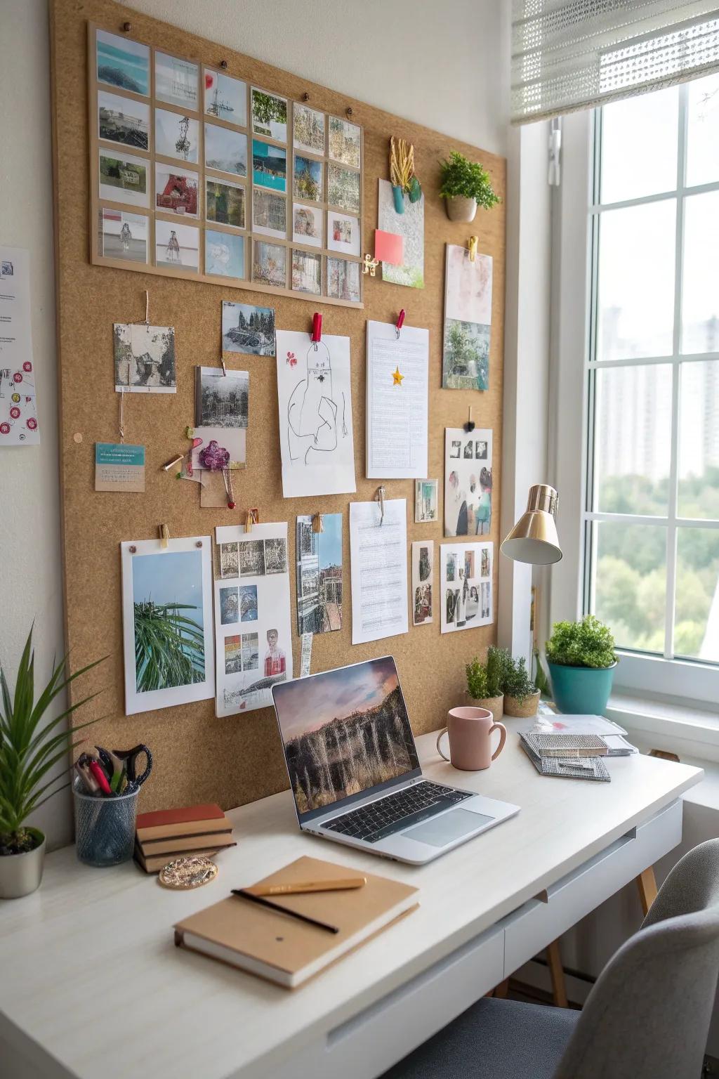 Corkboard walls offer functionality and style for any workspace.