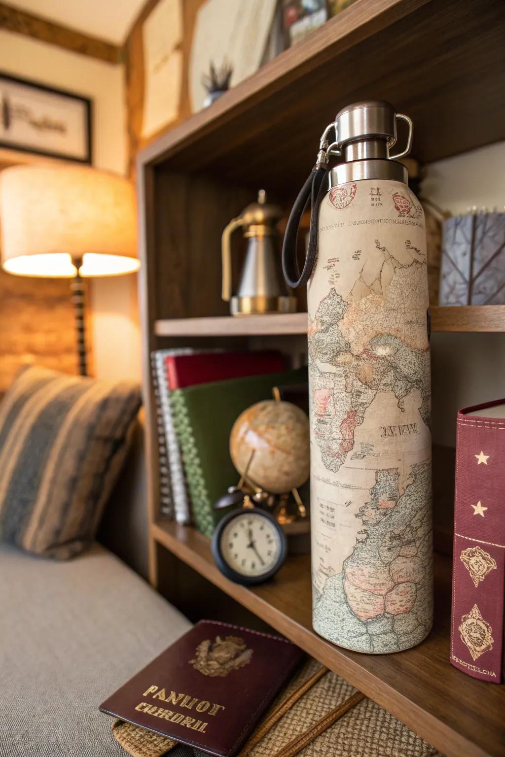 A water bottle wrapped in vintage map paper for a travel vibe.