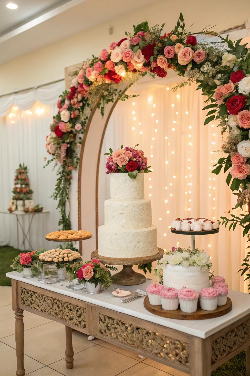 A themed backdrop framing the wedding cake display beautifully.