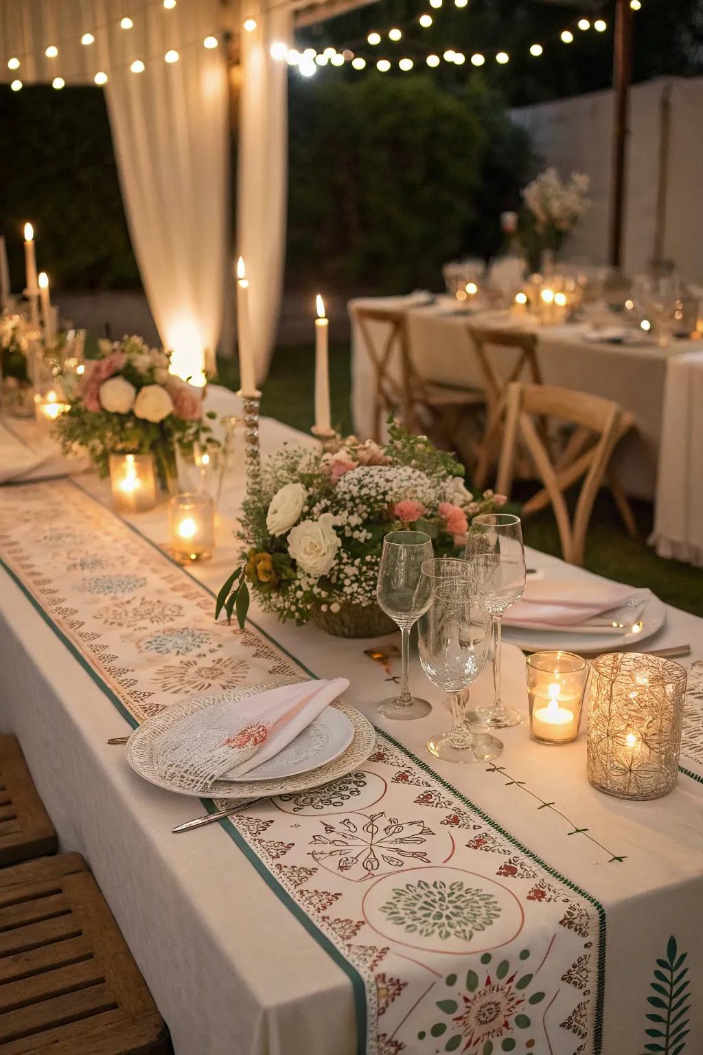 A wedding table featuring creative table runners and complementary decor.