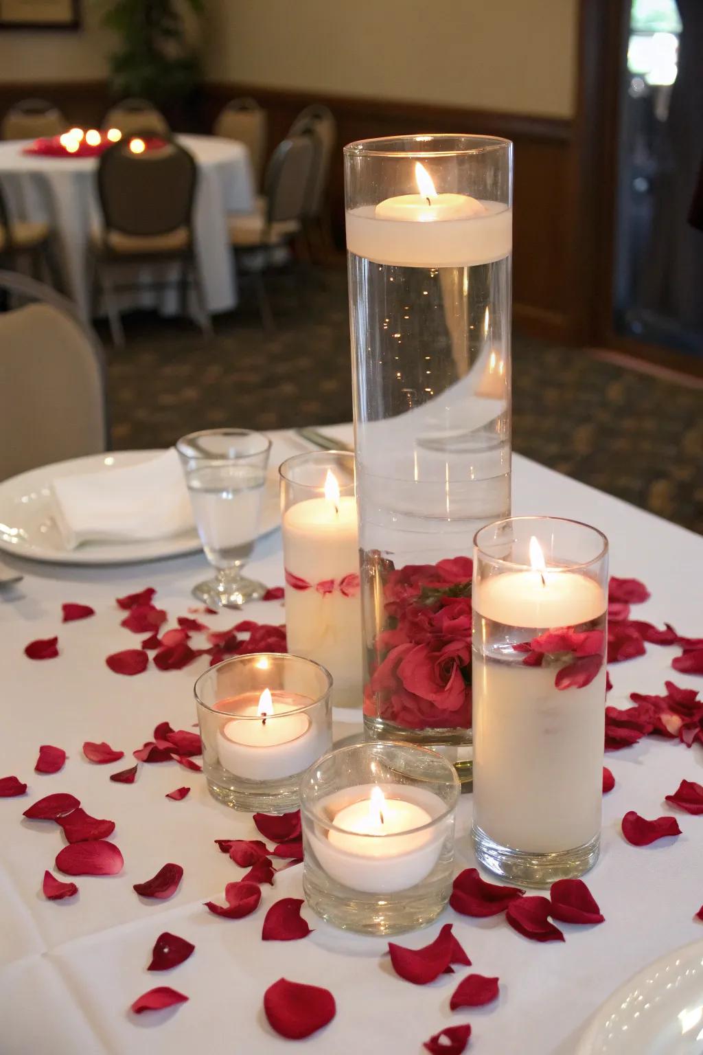 Rose petals add a romantic touch to candle centerpieces.