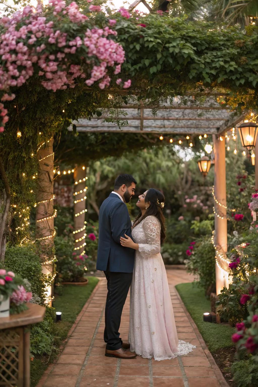 A heartfelt first look in a garden setting.