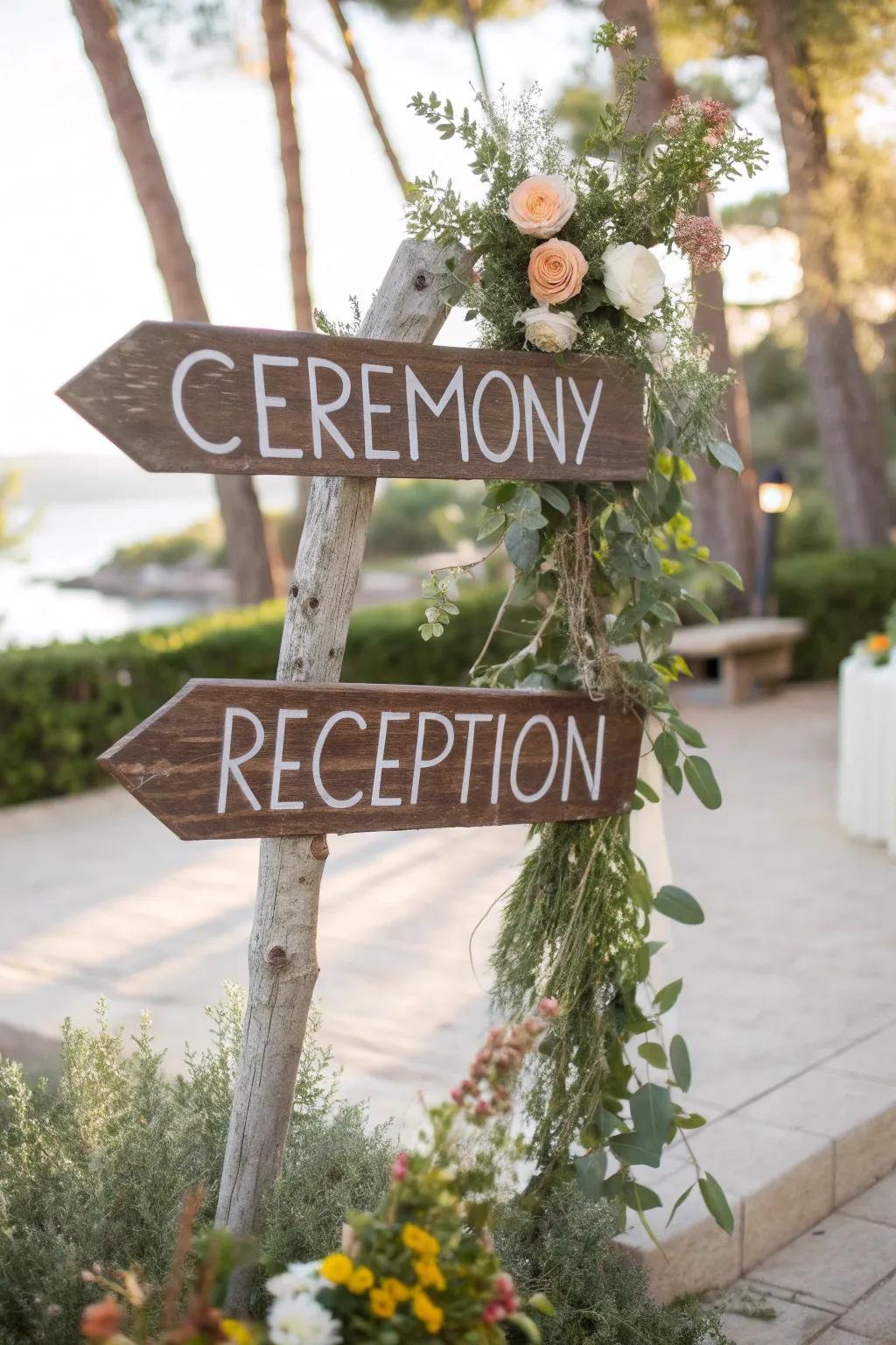 Directional signs guide guests while enhancing decor.