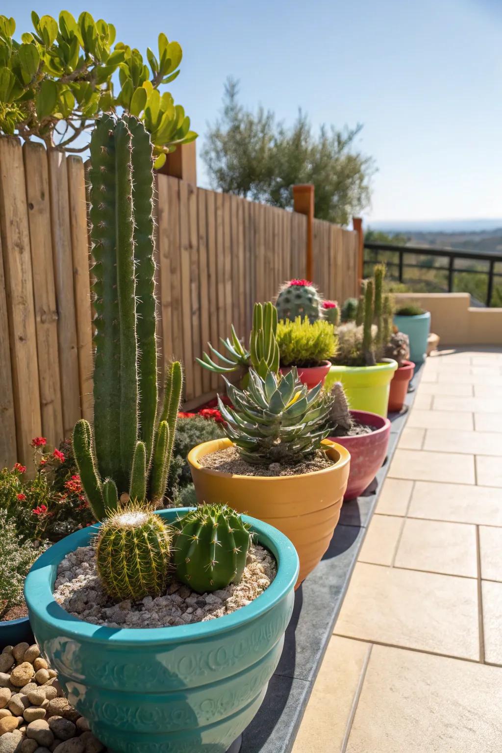 Prickly pears and succulents inject a desert feel to the patio.