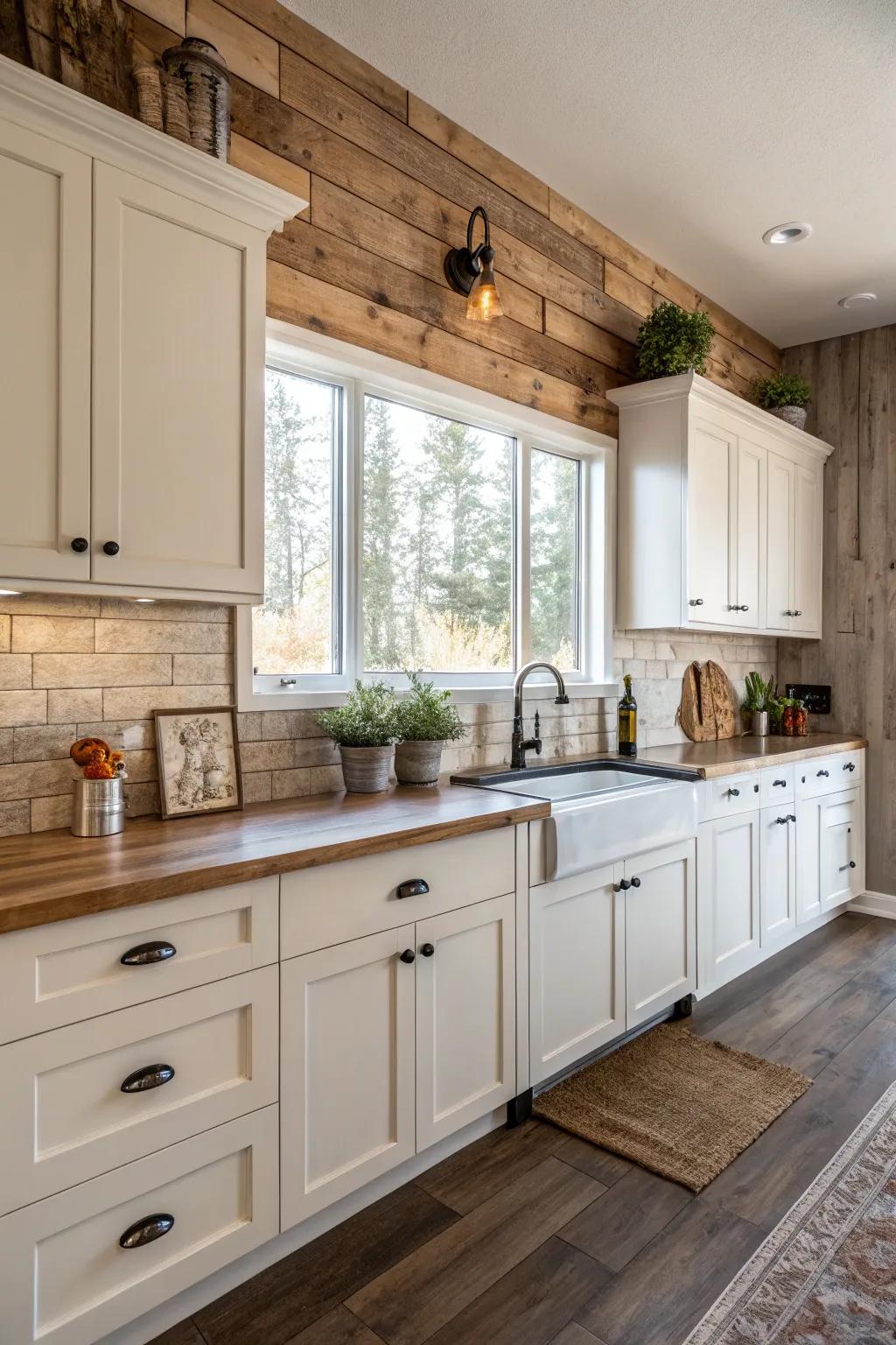 Wood-look tiles adding a natural warmth to white cabinets.