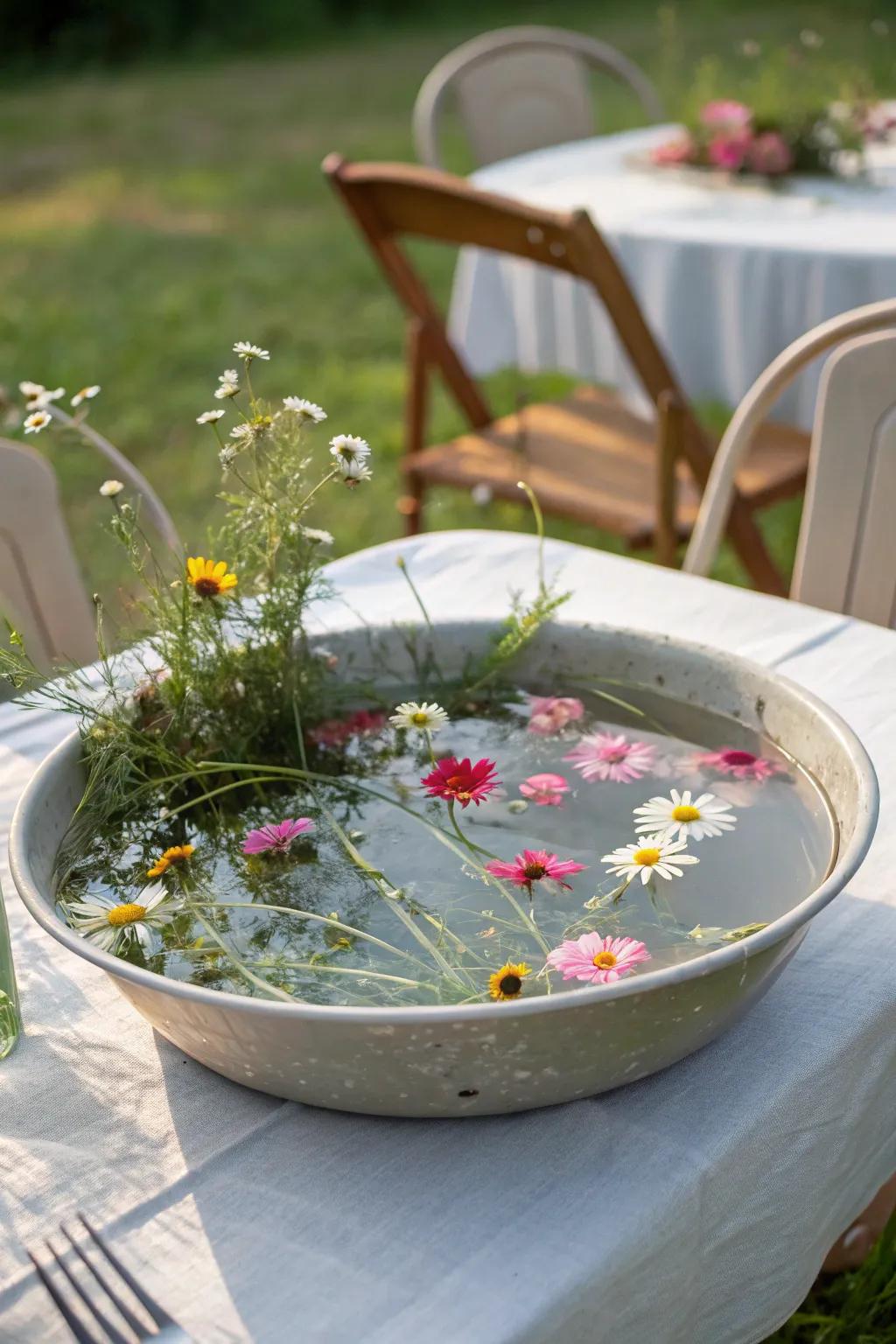 Wildflowers submerged in water construct a revitalizing centerpiece.
