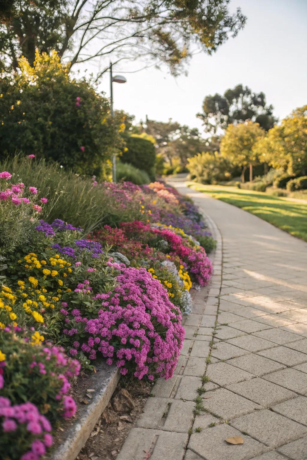 A garden path bordered by a vibrant wildflower strip.