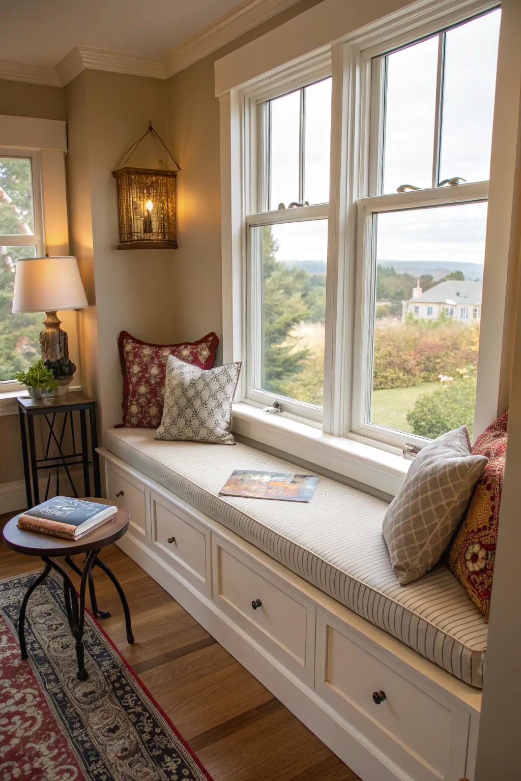 A window seat paired with a low bench for a social space.