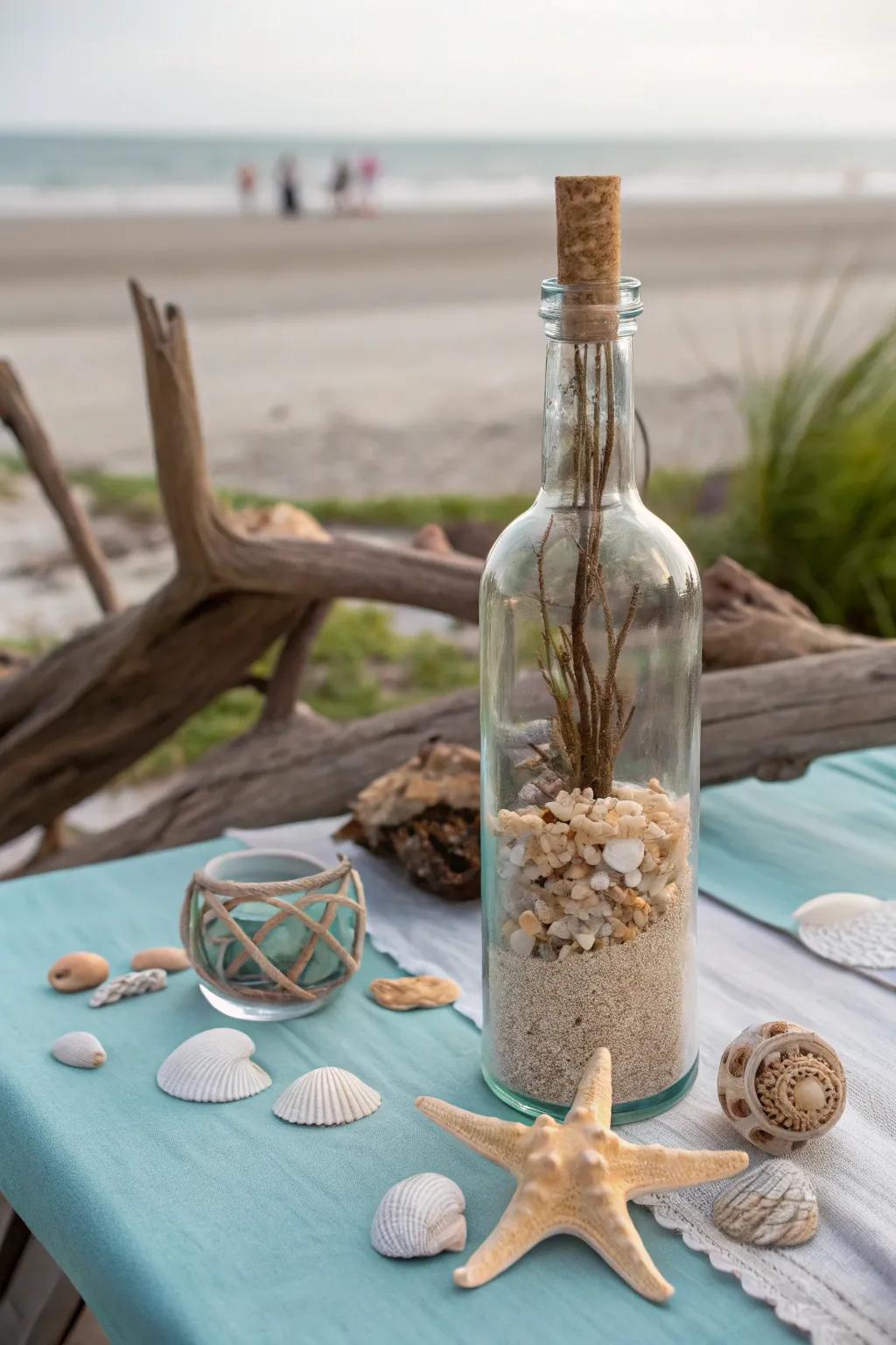 Sand and shells create a coastal vibe in a grape juice bottle vase.