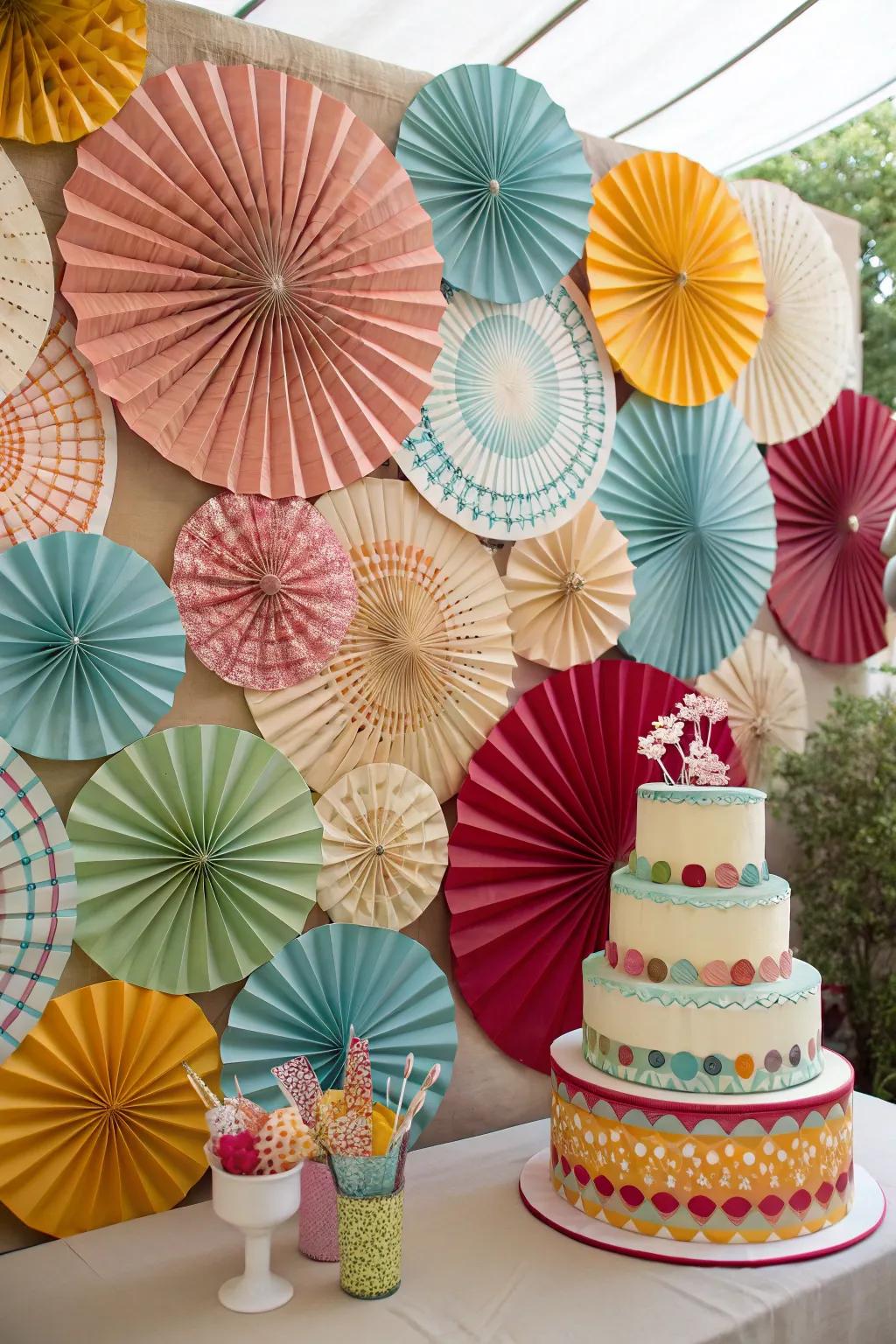 Vintage paper fans add charm and nostalgia.