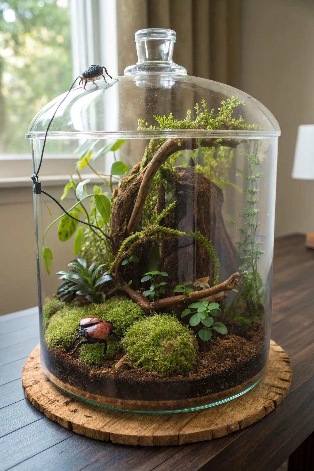 An educational insect habitat terrarium with beetles.