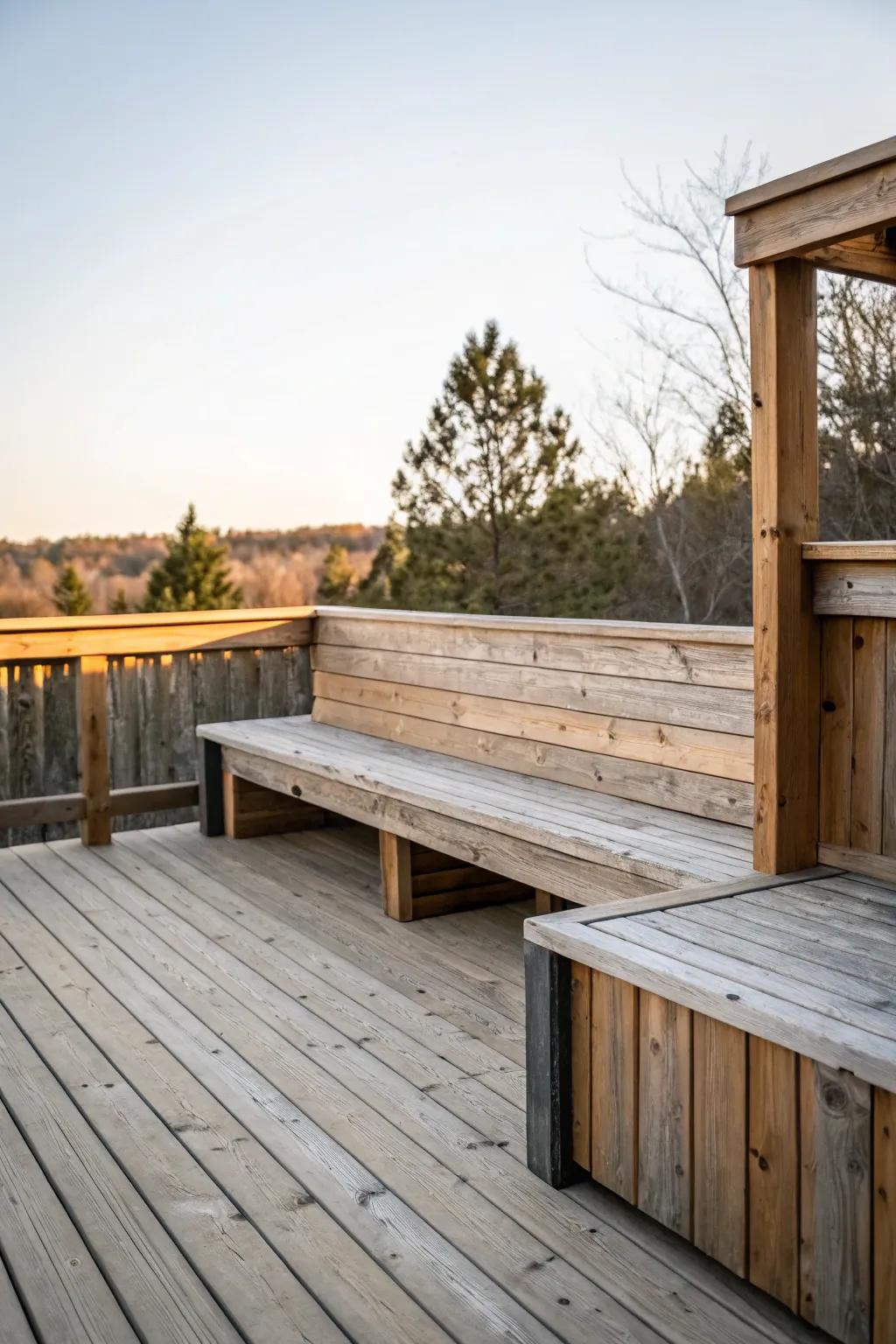 A fixed bench furnishing consistent seating.