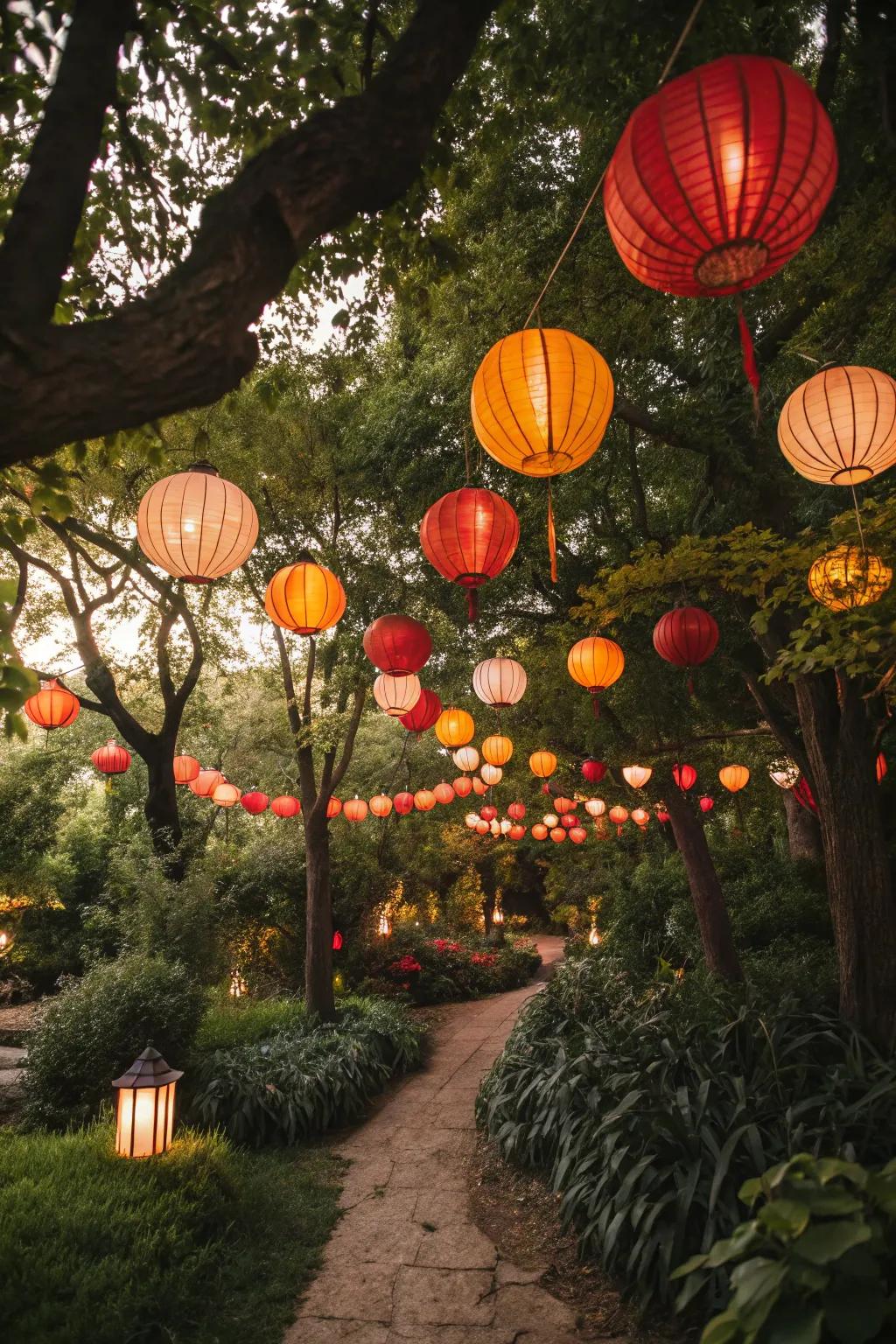 Whimsical paper lanterns add color to a garden party.