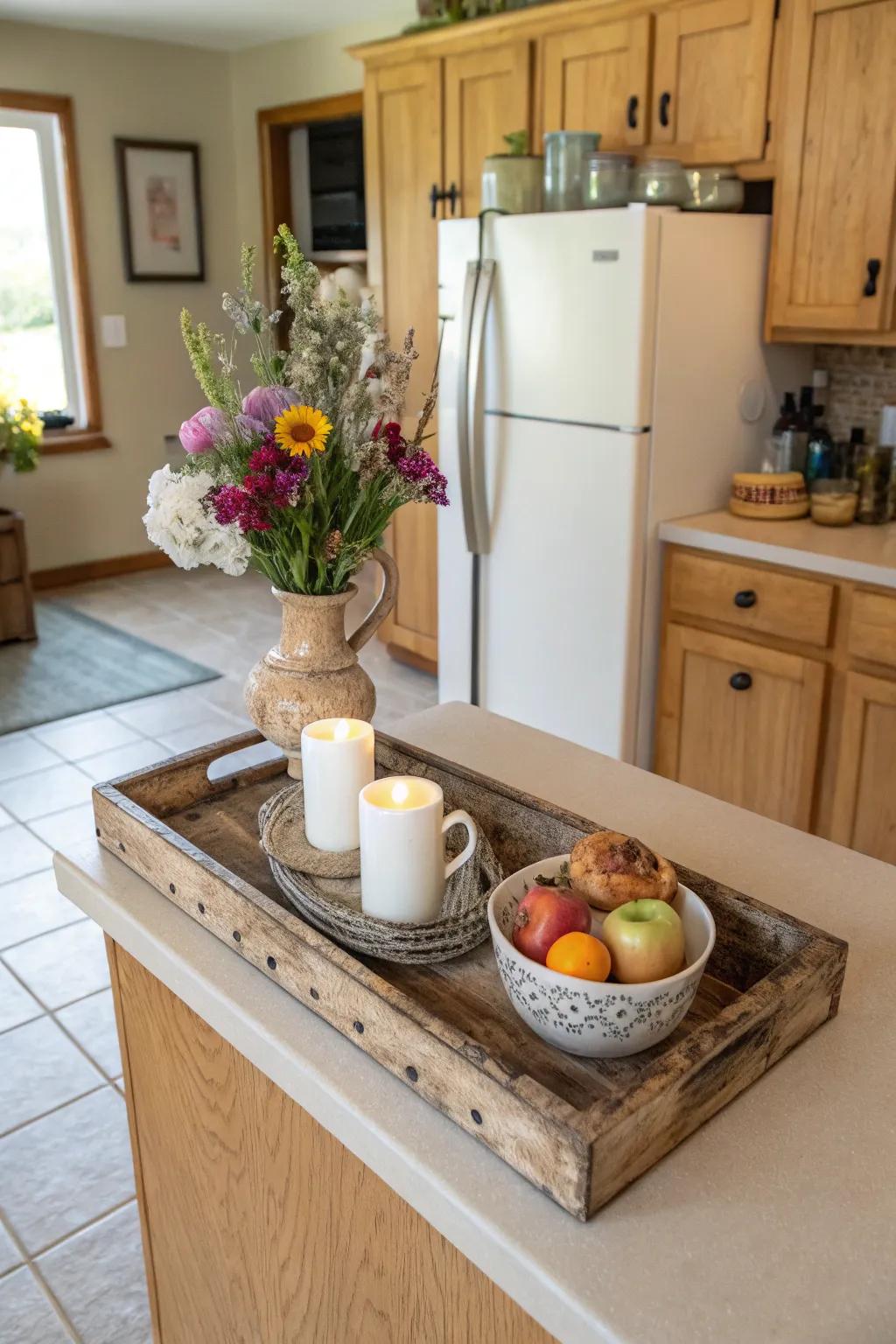 A wooden tray brings rustic charm and organization.