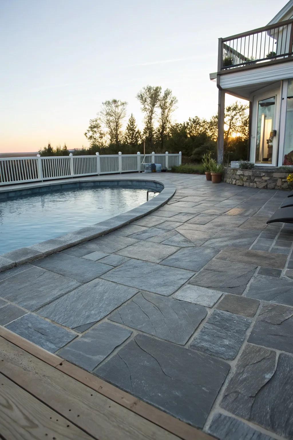 Stone surfaces provide elegance and durability for pool decks.