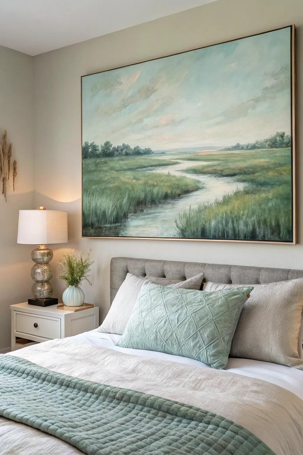 Abstract marshland painting creating a calming bedroom ambiance