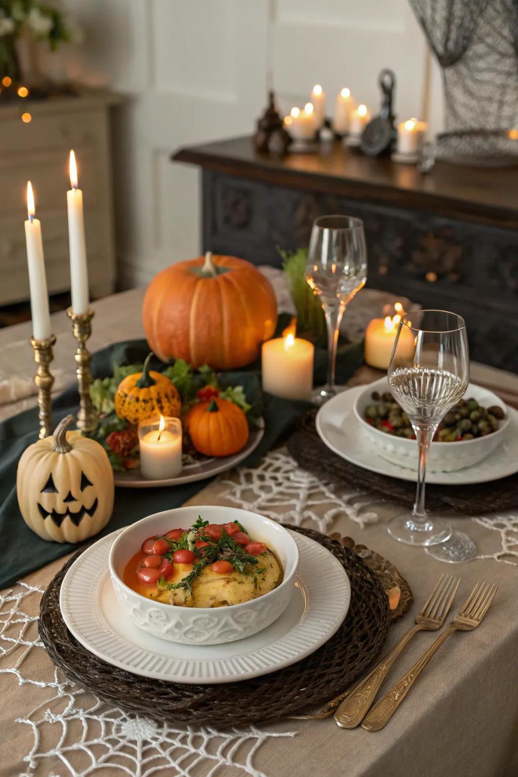 A gourmet dining setup for a Halloween feast.