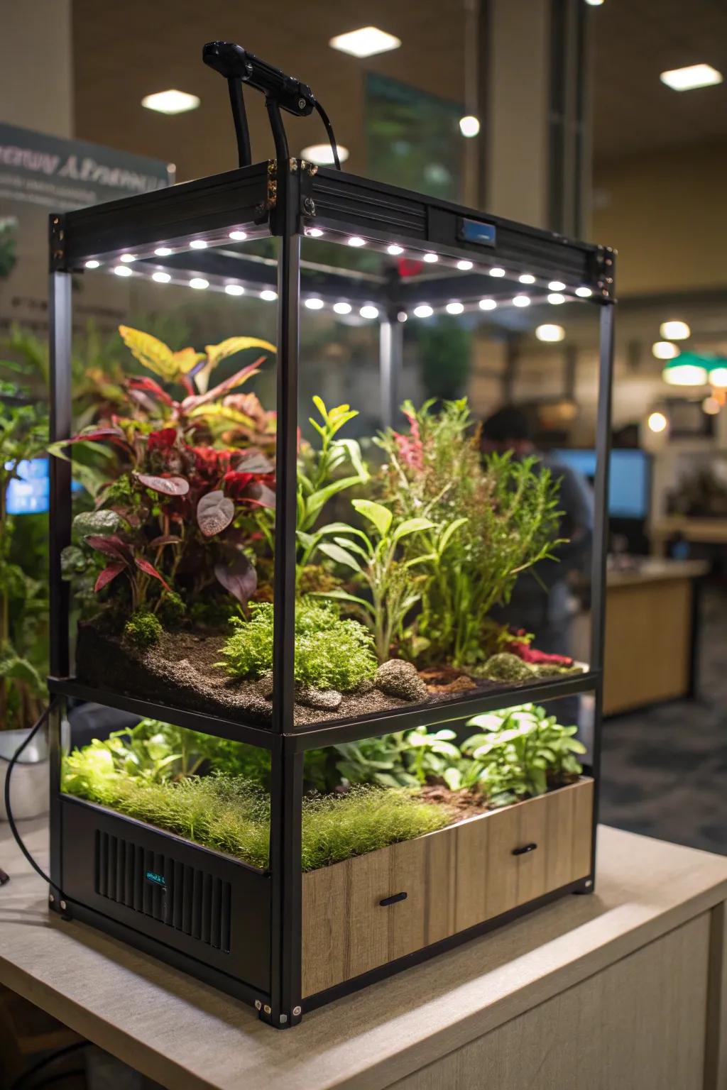 An aquarium-style plant enclosure lit by grow lights, creating a modern art vibe.