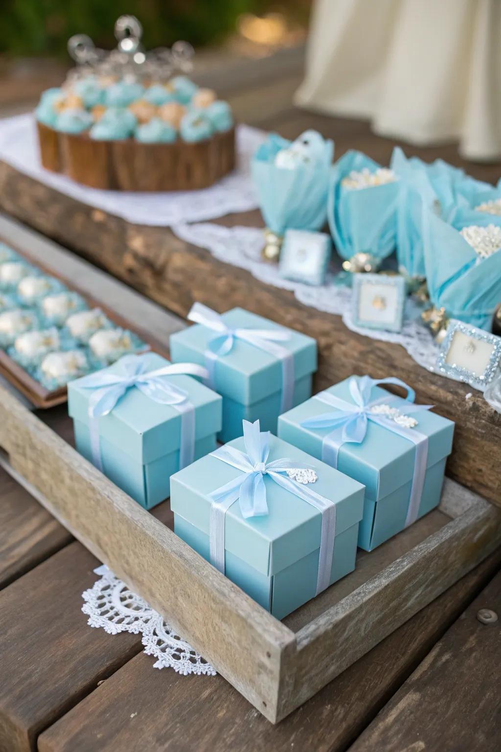 Blue-themed wedding favors are a thoughtful way to thank guests.