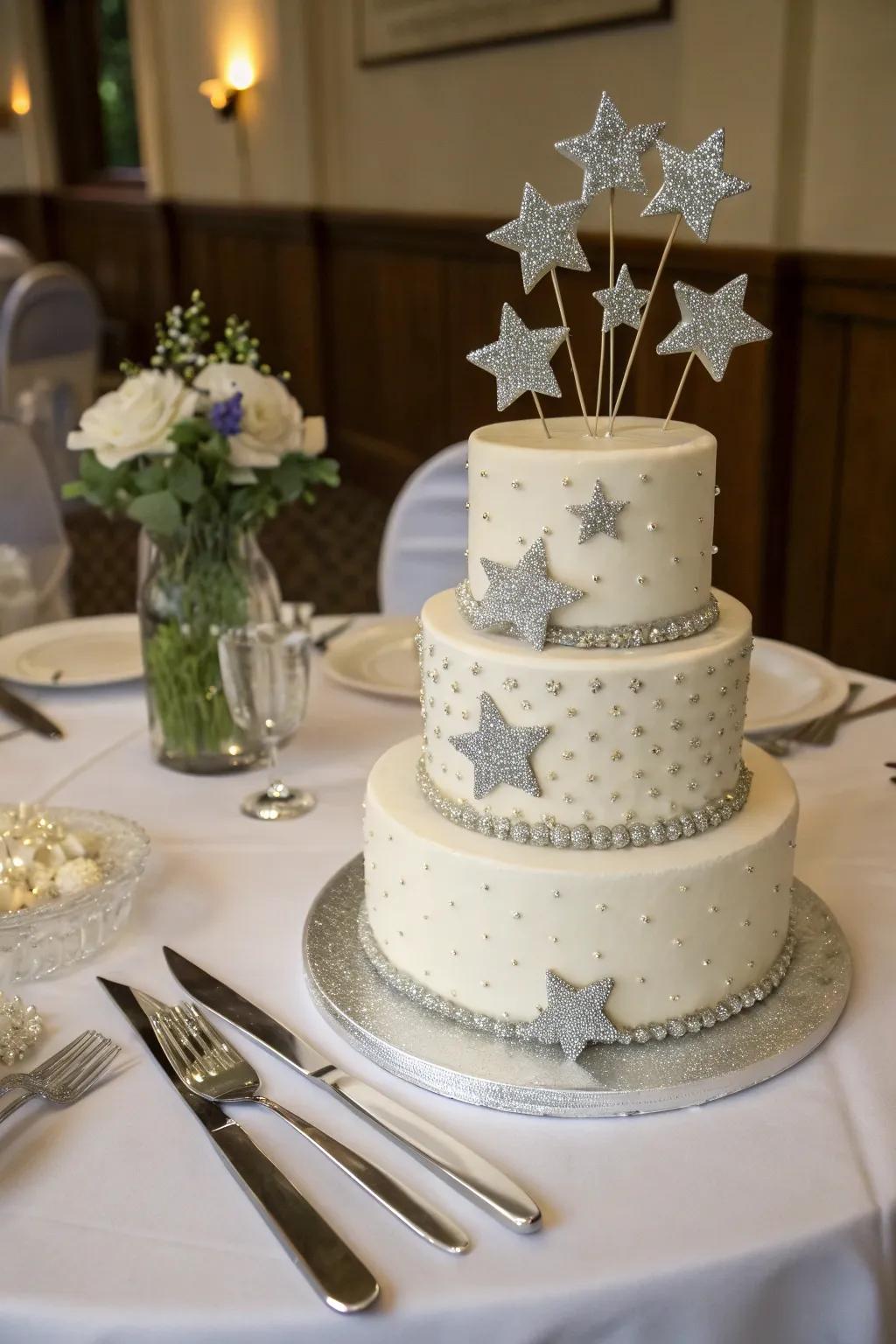 Nursery rhyme-inspired cake with silver stars.