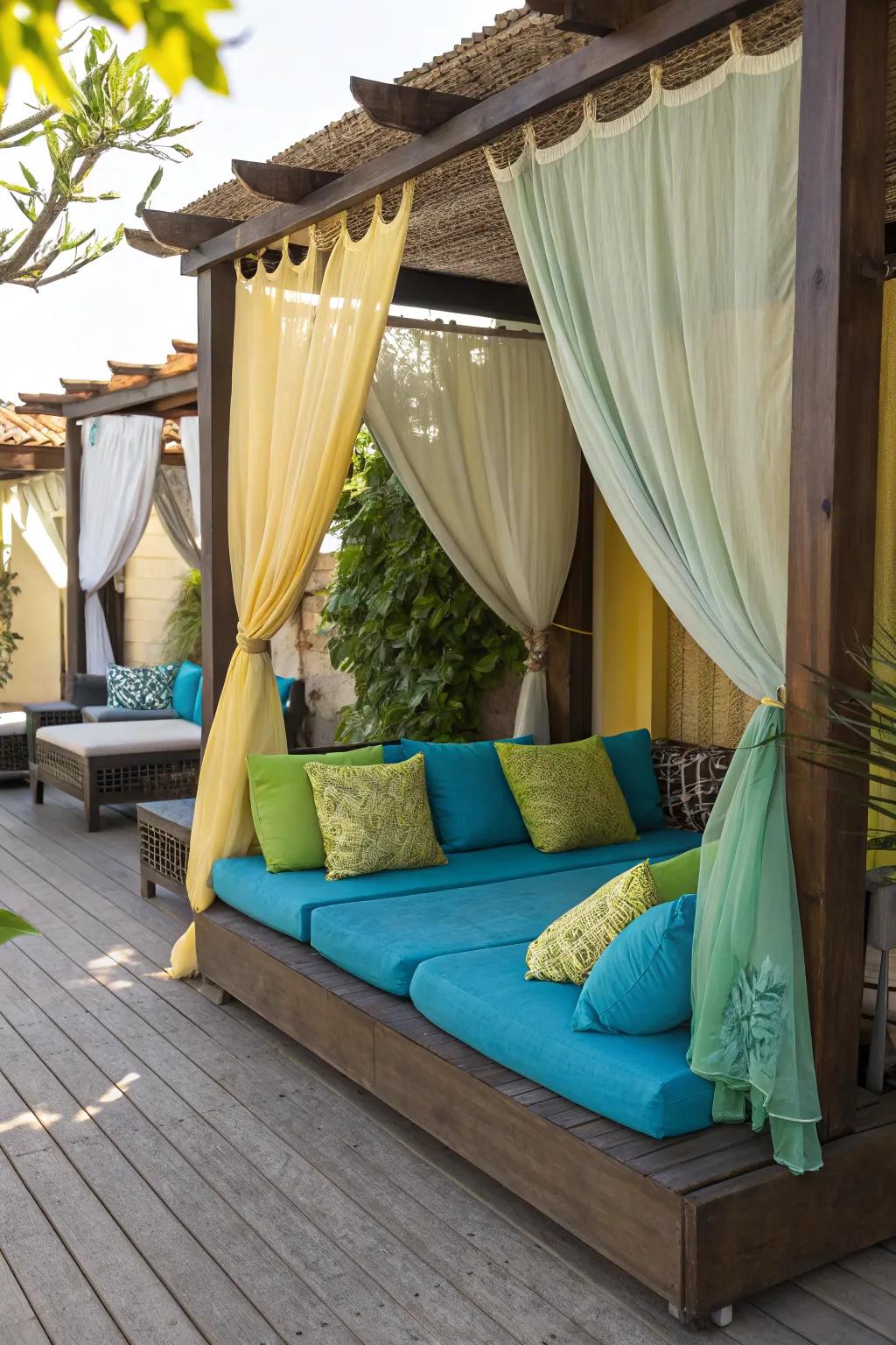 Exterior fabrics lend comfort and flair to patios.
