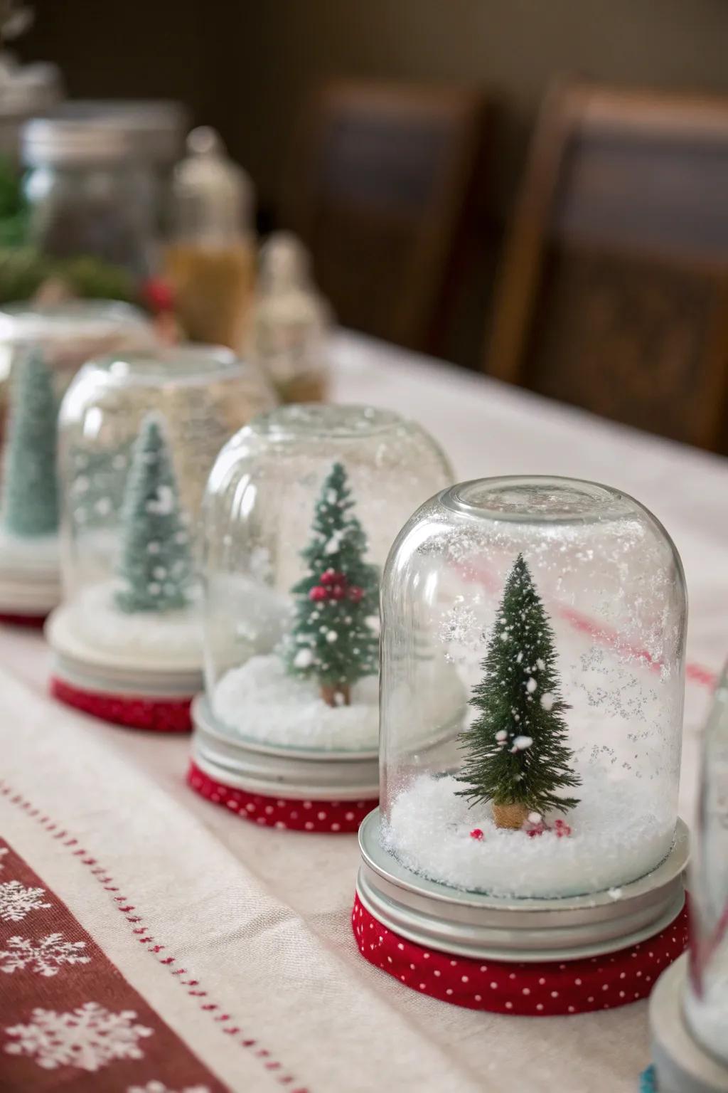 Festive snow orbs created from preserving jars add festive charm.