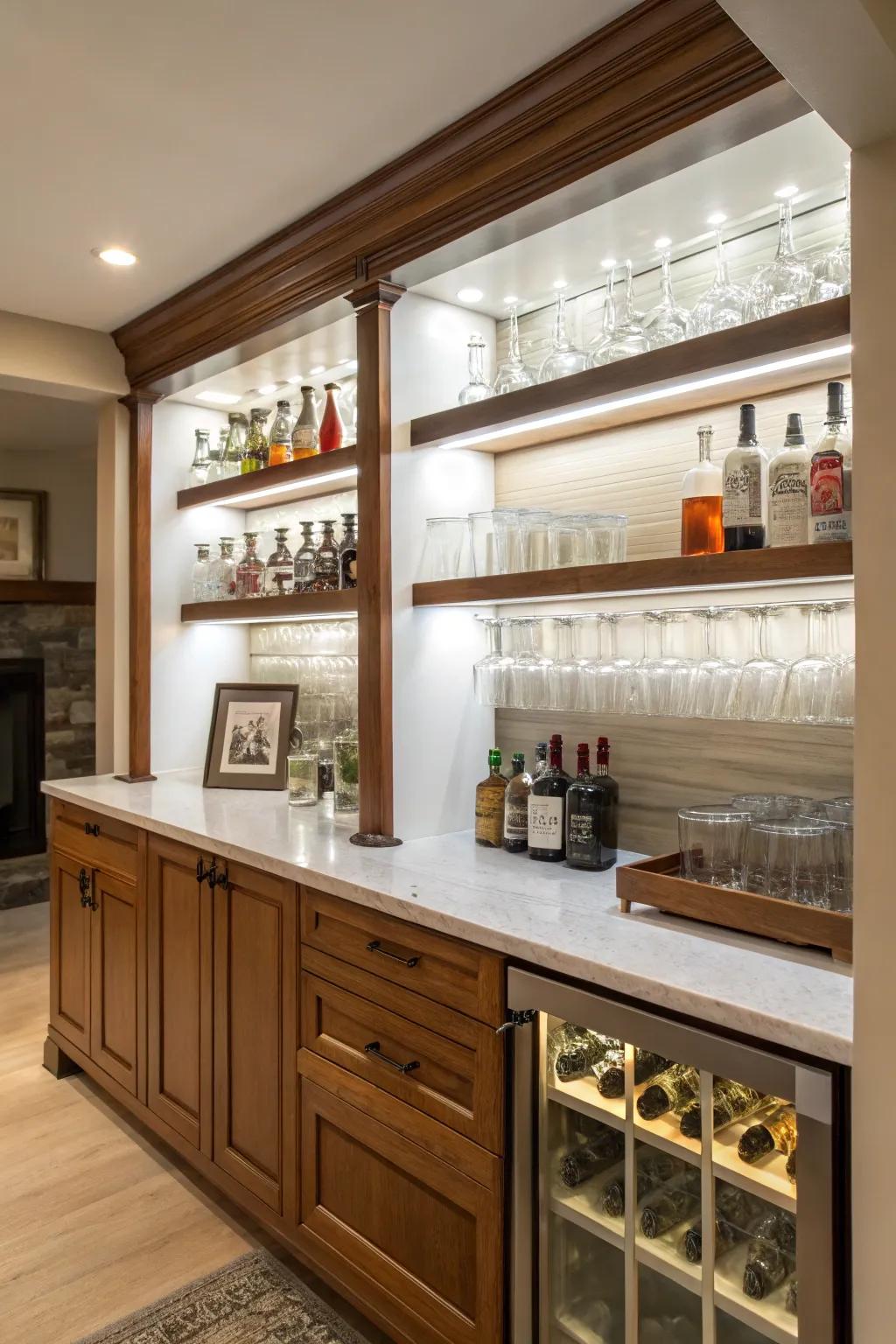 Under-cabinet shelves maximize bar storage.